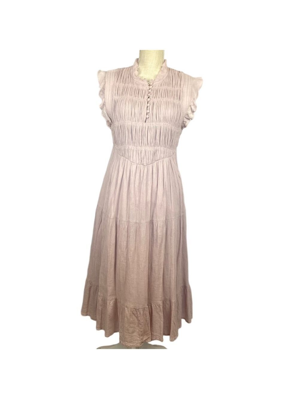 Ba&sh Noah Midi Dress Mauve Lavender Tiered Crinkled 100% Cotton Designer
